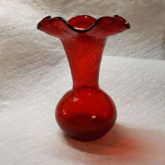 Vintage Red Rainbow Glass Bud Vase Ruffled Rim Crackle  5" x 3" - Picture 1 of 4